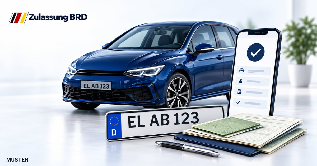 Online Fahrzeugzulassung in Aschendorf: Musterkennzeichen EL AB 123, Auto und Fahrzeugpapiere und Smartphone. Illustration mit Logo von Zulassung BRD.